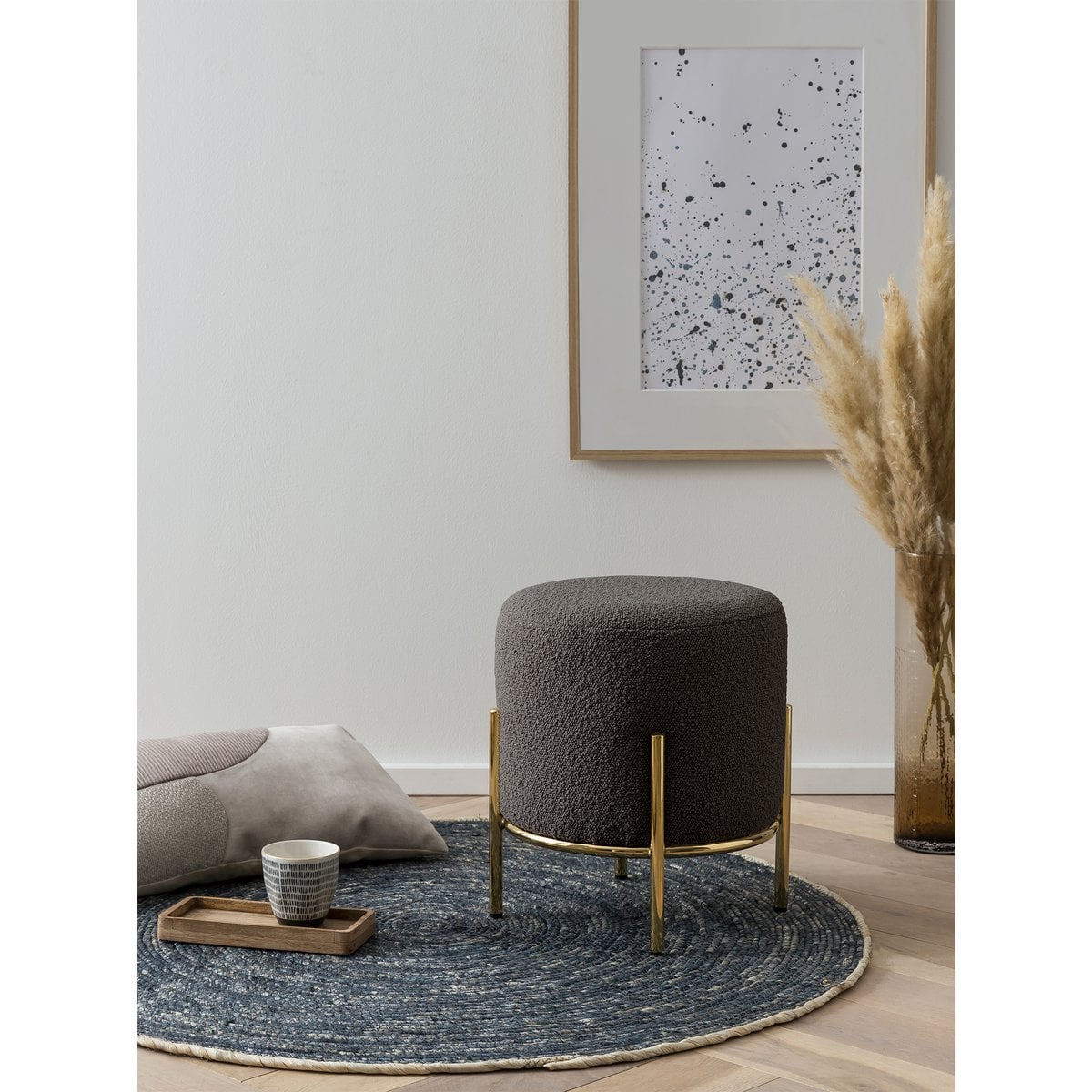Polsterhocker Ø35 cm Bouclé Stoff Anthrazit – Bild 3