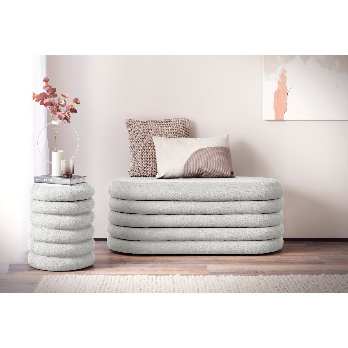 Bouclé Sitzhocker Ø38 cm Weiß – Bild 5