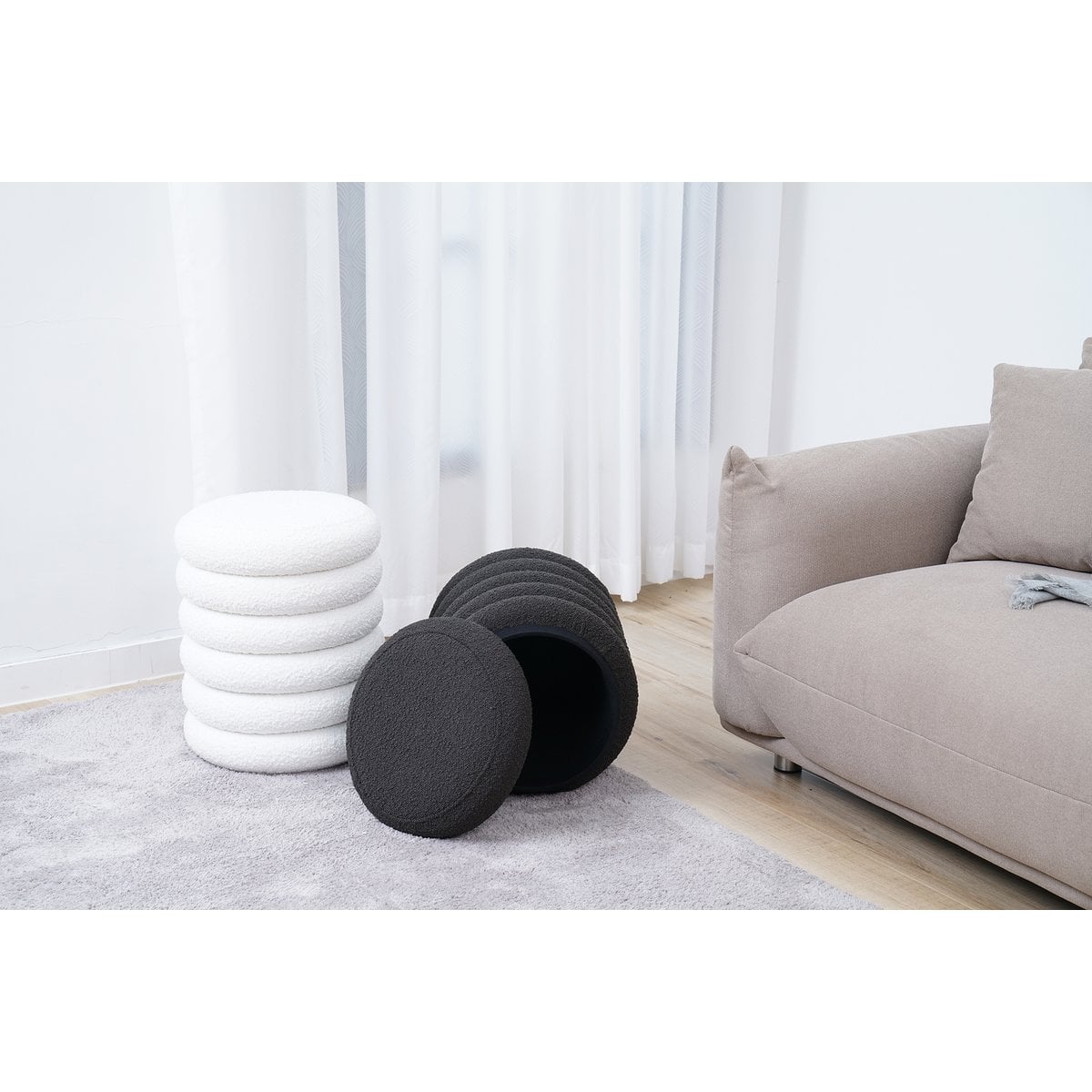 Bouclé Sitzhocker Ø38 cm Weiß – Bild 7