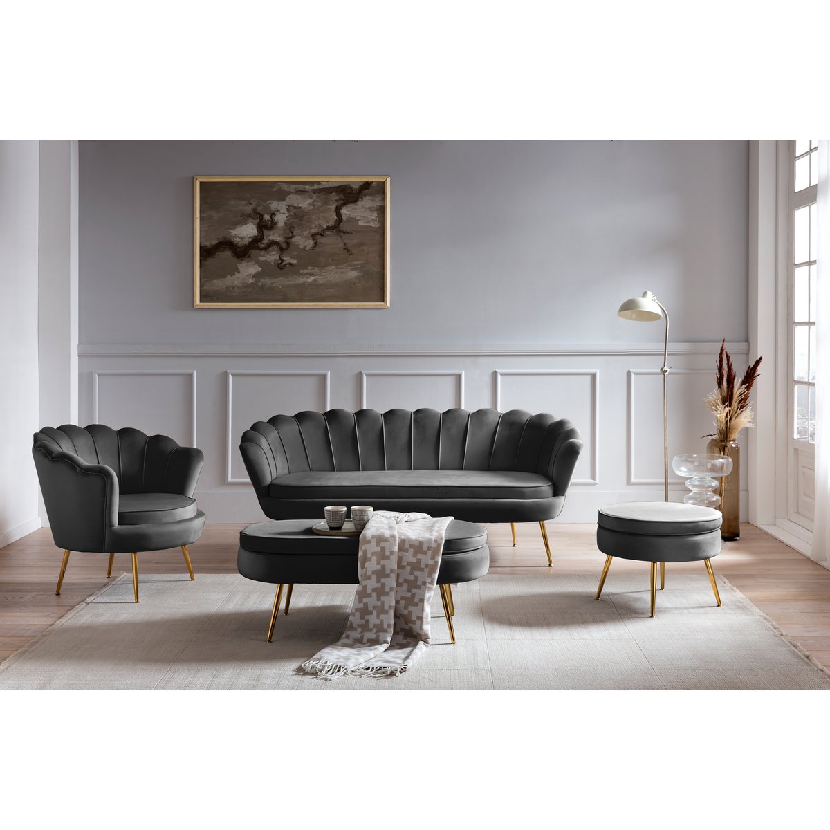 Muschelsofa 3-Sitzer aus Samt Schwarz – Bild 7