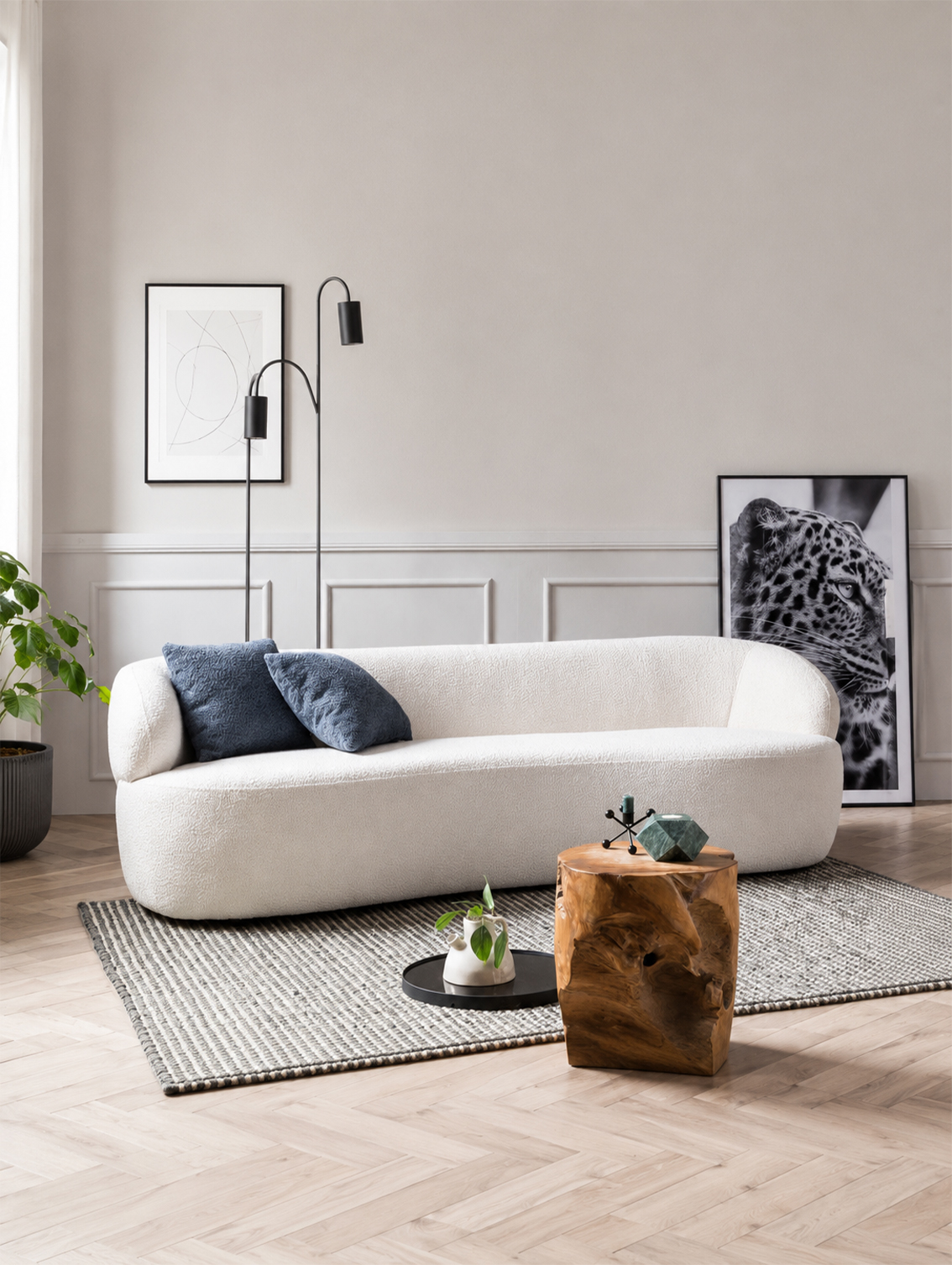 Nierensofa 3-Sitzer Bouclé Stoff Weiß