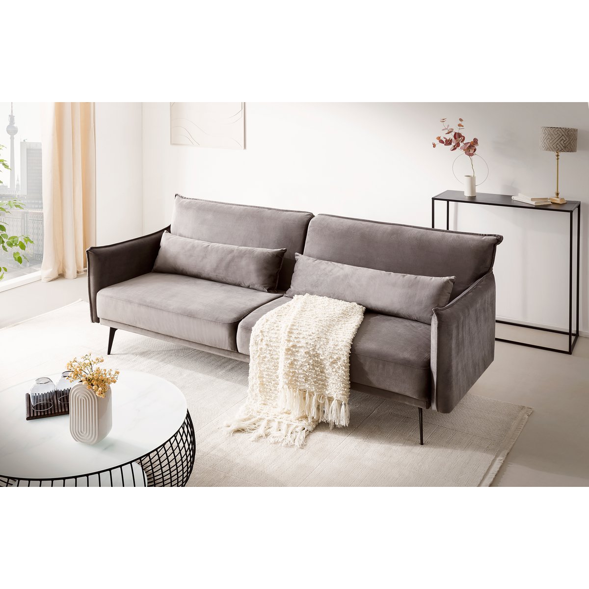 3-Sitzer Sofa Samt Grau – Bild 2