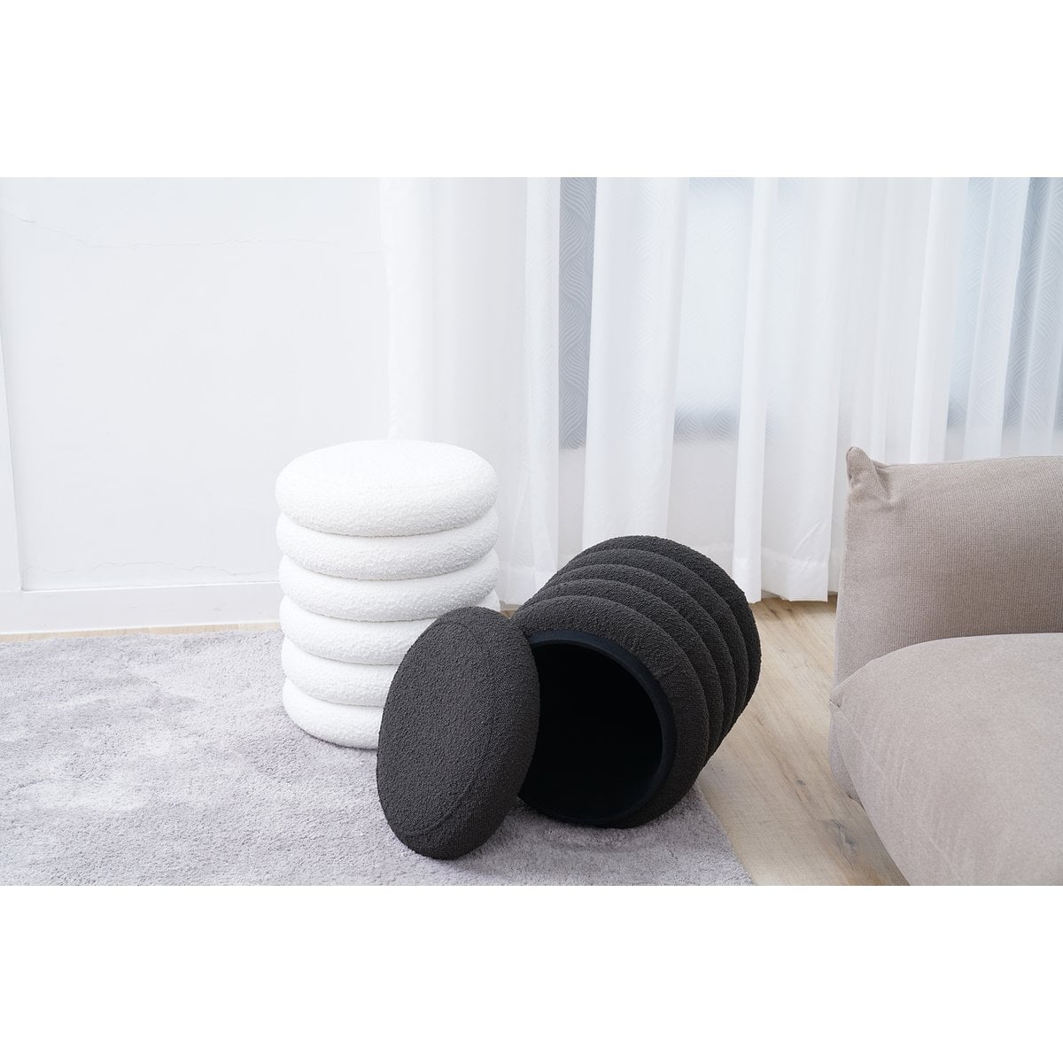 Bouclé Sitzhocker Ø38 cm Weiß – Bild 6