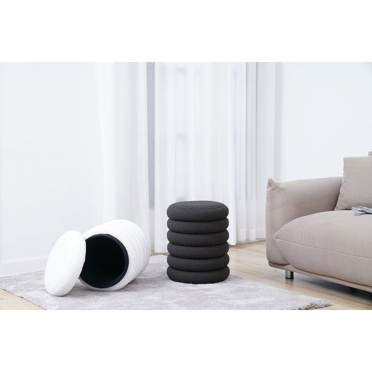 Bouclé Sitzhocker Ø38 cm Weiß – Bild 4