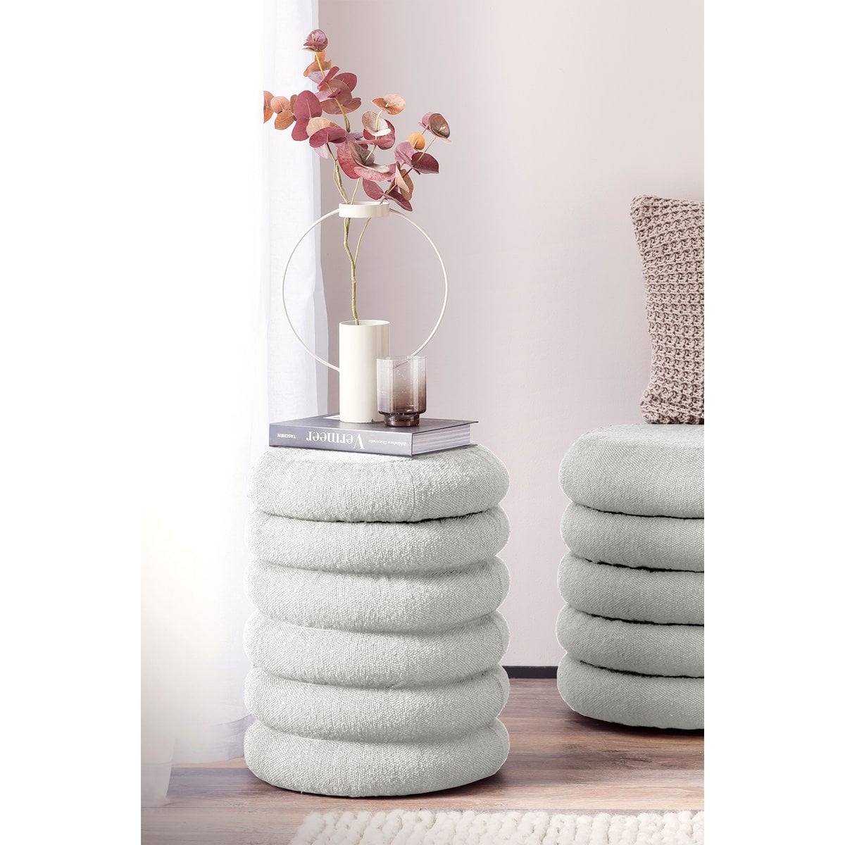 Bouclé Sitzhocker Ø38 cm Weiß – Bild 3