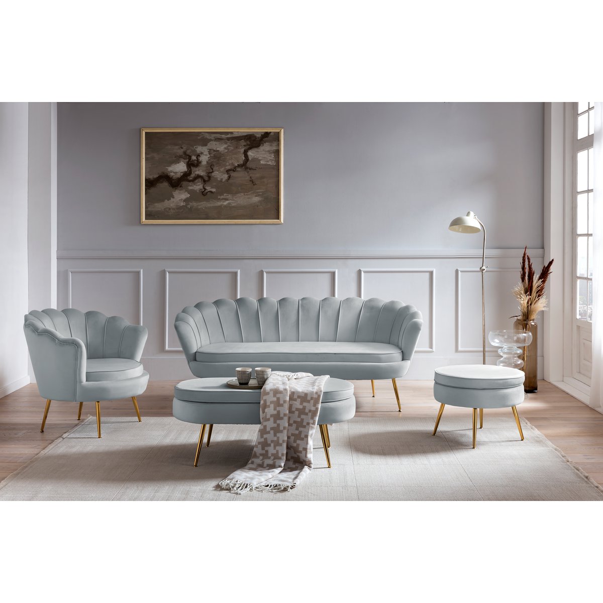 Muschelsofa 3-Sitzer aus Samt Hellgrau – Bild 7