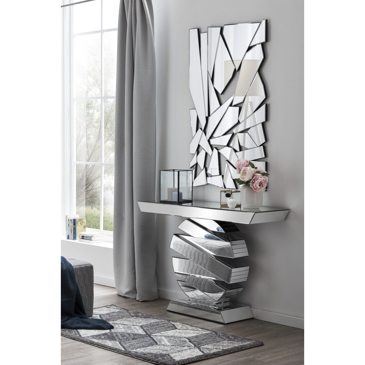 Tisch aus MDF mit Spiegelglas, Sockel rund – Bild 3