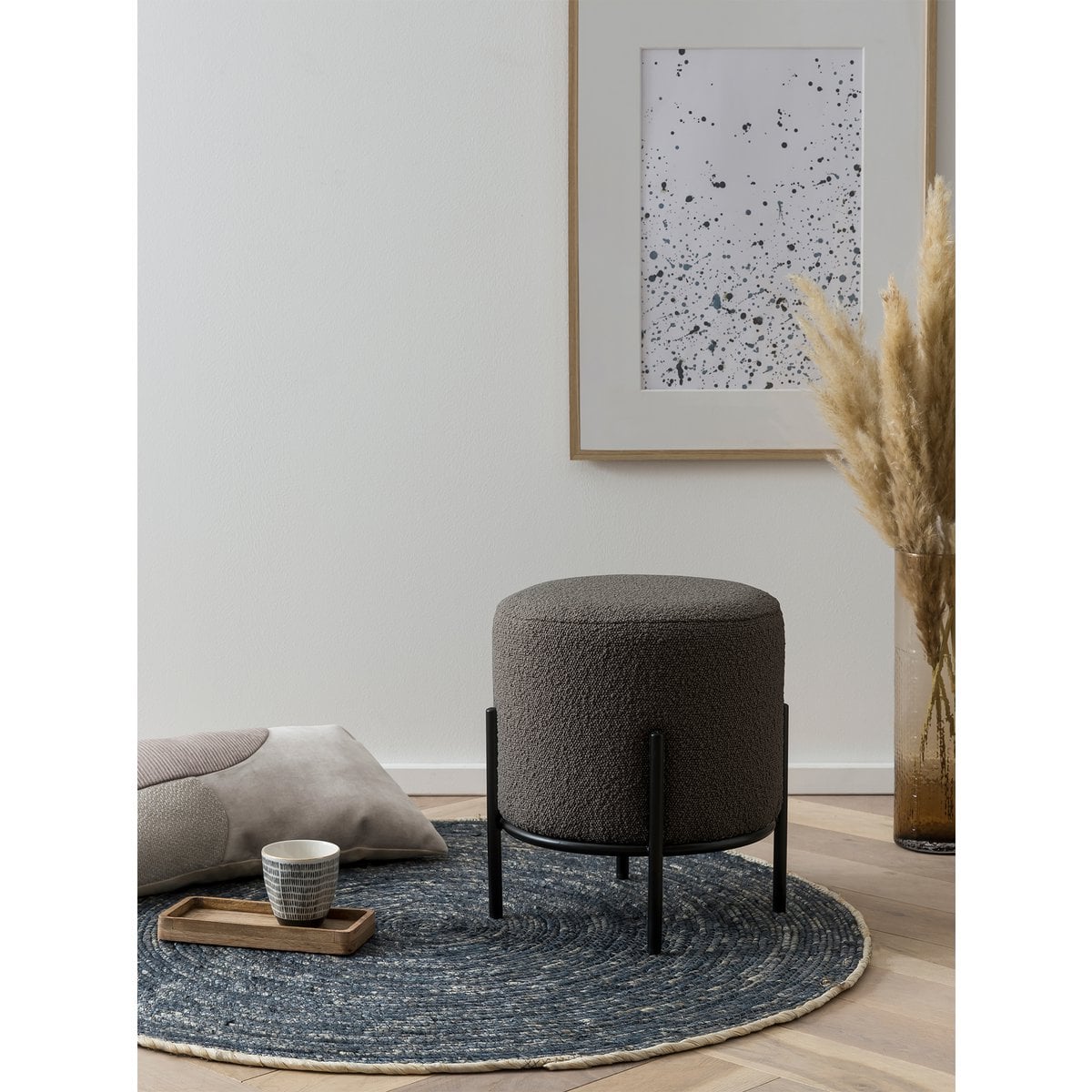 Polsterhocker Ø35 cm Bouclé Stoff Anthrazit – Bild 3