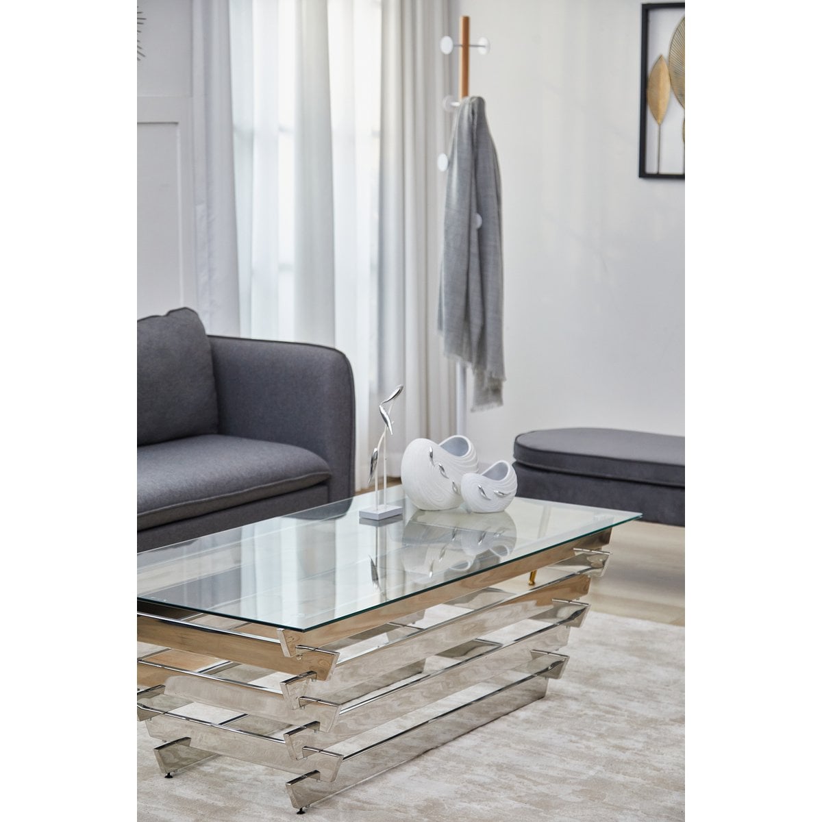 Couchtisch 130x70 cm Silber/Klarglas – Bild 8