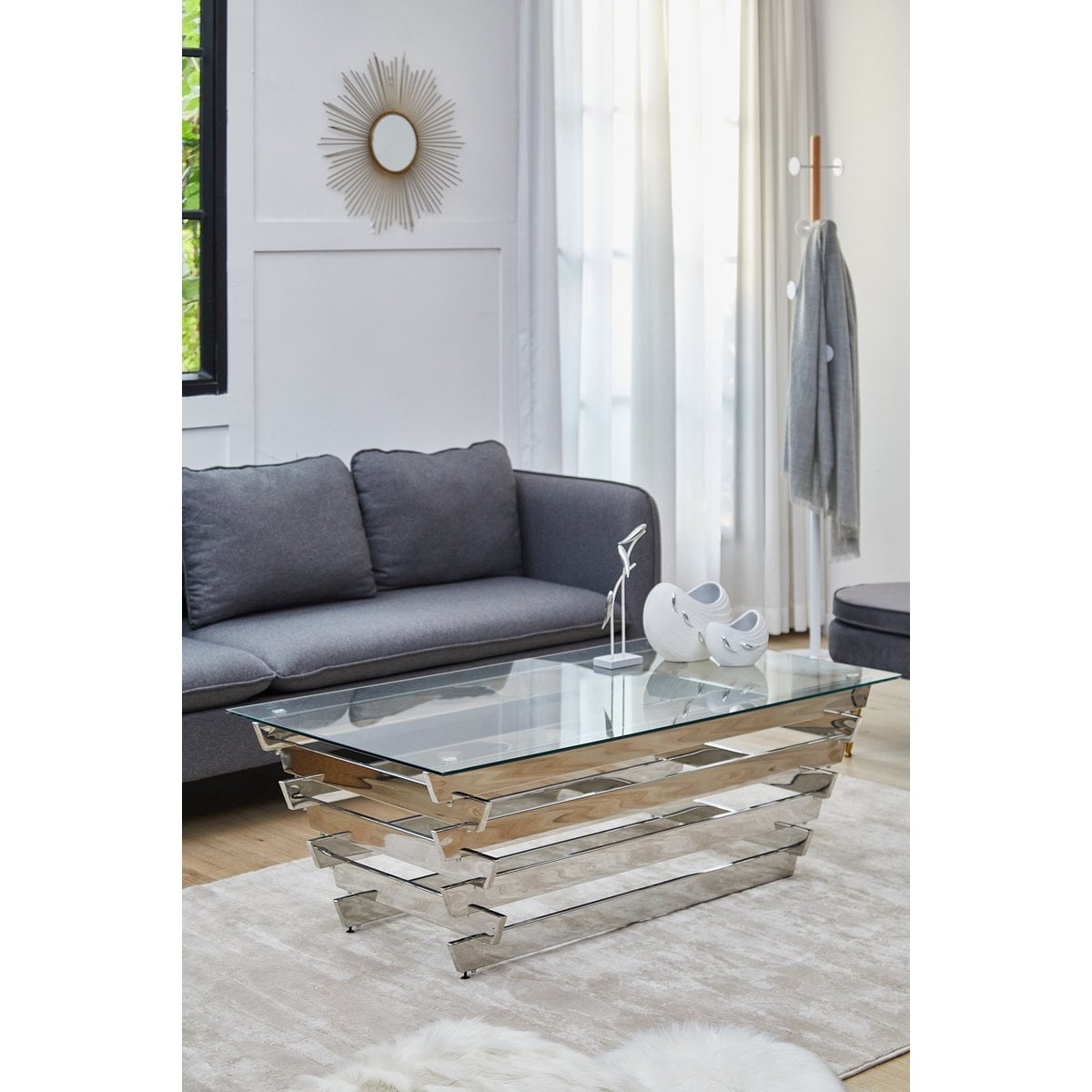 Couchtisch 130x70 cm Silber/Klarglas – Bild 6