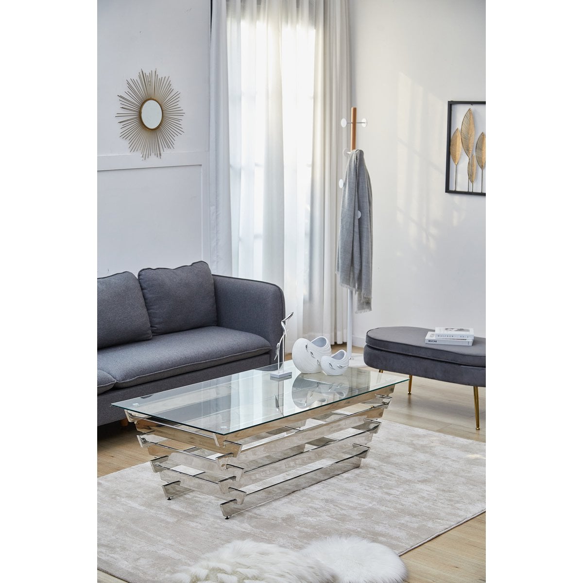 Couchtisch 130x70 cm Silber/Klarglas – Bild 4