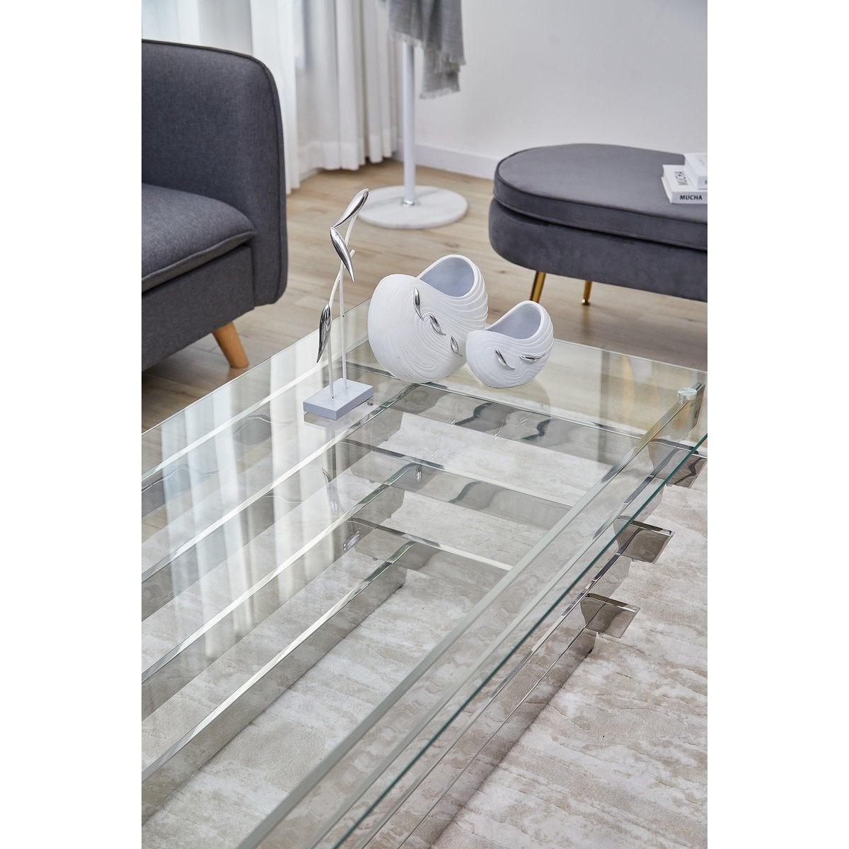Couchtisch 130x70 cm Silber/Klarglas – Bild 7