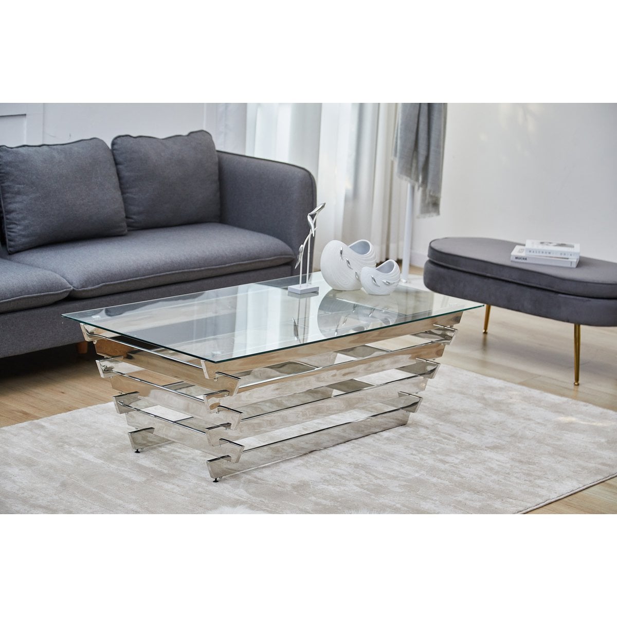 Couchtisch 130x70 cm Silber/Klarglas – Bild 3