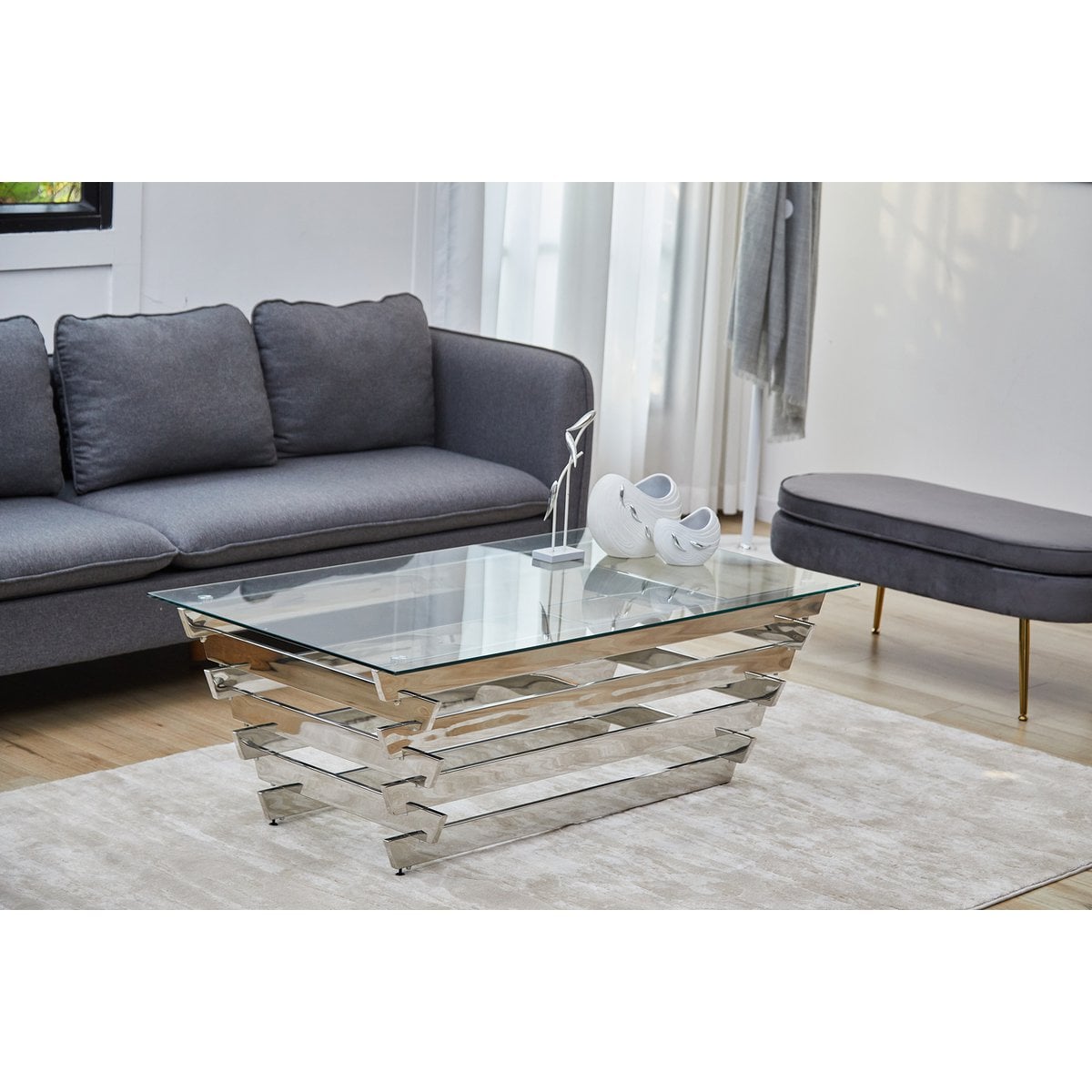Couchtisch 130x70 cm Silber/Klarglas – Bild 2
