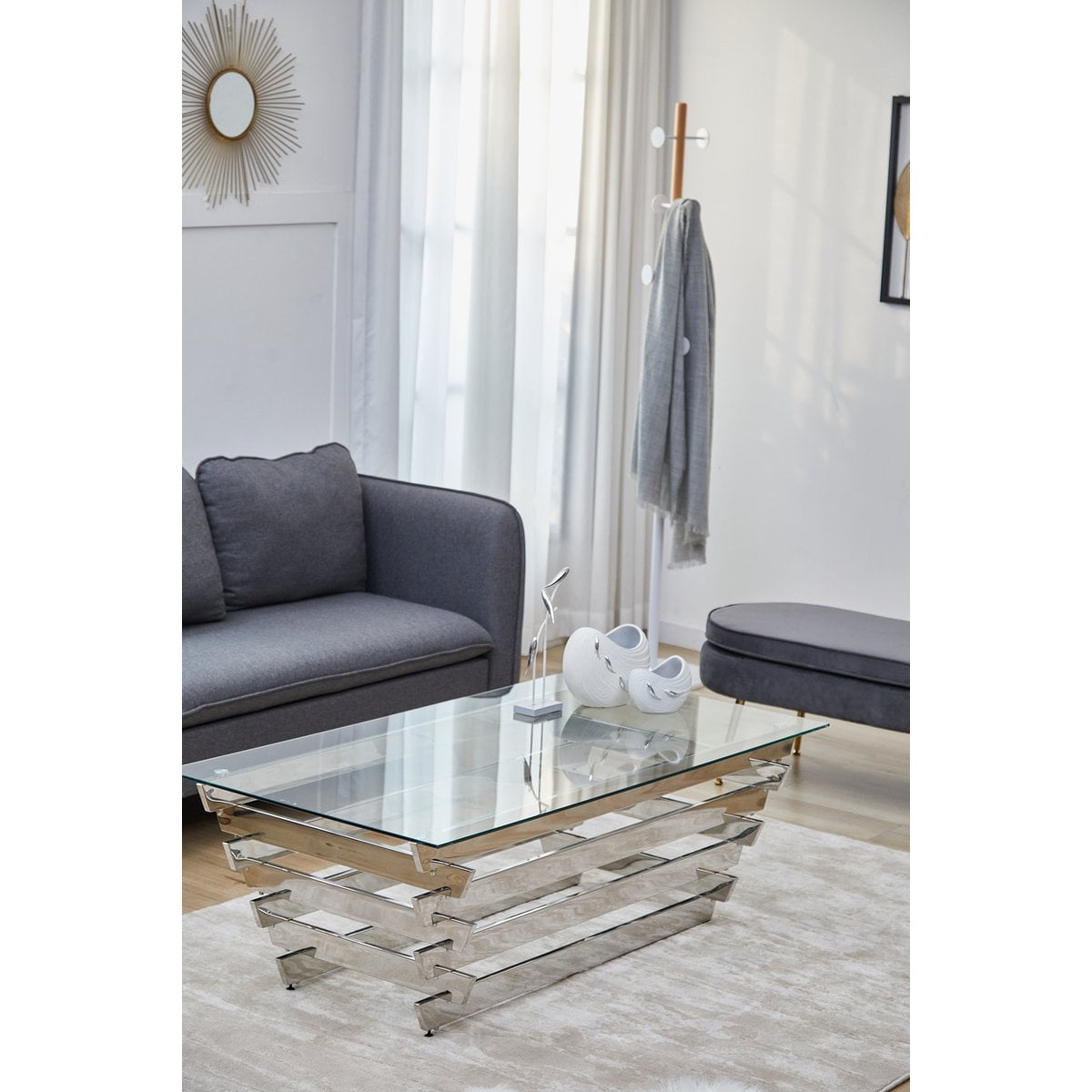 Couchtisch 130x70 cm Silber/Klarglas – Bild 5